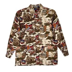 Vintage Ruff Hewn Men's Safari Animal Print Linen Blend Button Down Shirt Size M